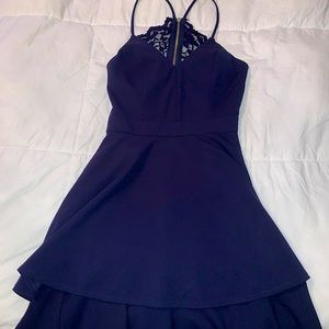 Navy Blue Lace Back Zip Up Formal Dress